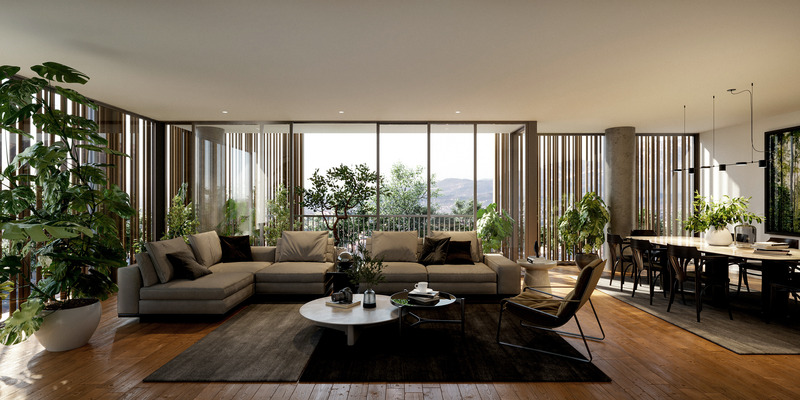Dossier de presse | 7557-03 - Communiqué de presse | Découvrez la nouvelle oasis urbaine au centre de Tirana - OODA - Architecture résidentielle - Render Apartament Living Room - Crédit photo : OODA
