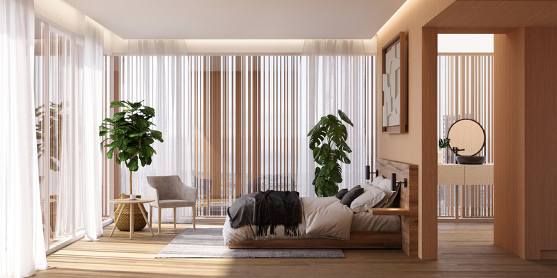 Dossier de presse | 7557-03 - Communiqué de presse | Découvrez la nouvelle oasis urbaine au centre de Tirana - OODA - Architecture résidentielle - Render Hotel Room - Crédit photo : OODA