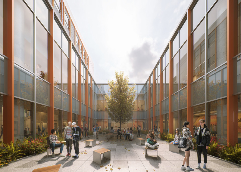 Press kit | 1387-14 - Press release | Adaptable, Sustainable and Inclusive: Two New High Schools Rethink the Learning Environment for Montreal Students - TLA+UN+NEUF - Institutional Architecture -   Rendering of the inner courtyard – Aux Mille-Voix high school   - Photo credit: Doug and Wolf