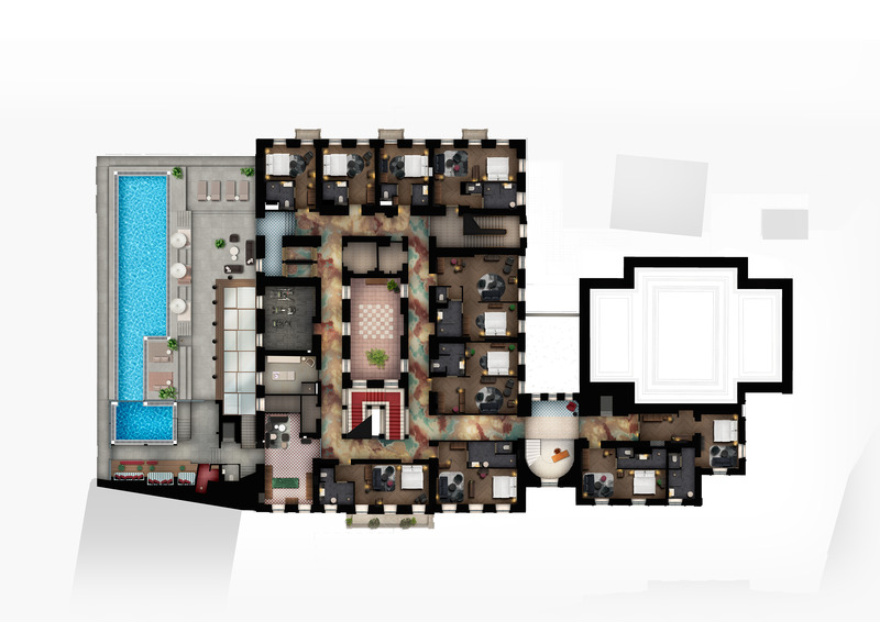 Press kit | 7625-01 - Press release | Grand Hotel Straubinger - BWM Designers & Architects - Commercial Interior Design - Floorplan_first floor - Photo credit: BWM Designers &amp; Architects