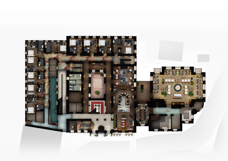 Press kit | 7625-01 - Press release | Grand Hotel Straubinger - BWM Designers & Architects - Commercial Interior Design - Floorplan_ground floor - Photo credit: BWM Designers &amp; Architects