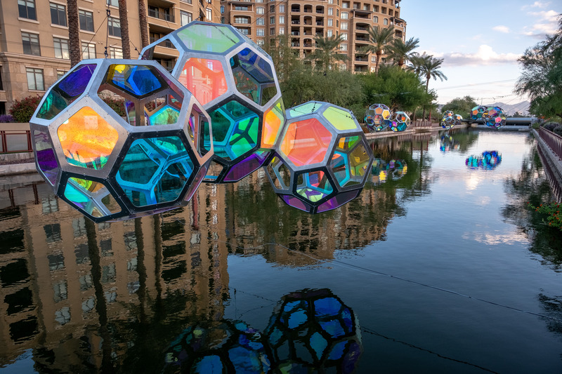 Press kit | 5595-10 - Press release | Molecules: A Series of Interactive Water Molecules Rising up from the Arizona Canal, Sparking a Connection Between Visitors and the Surrounding Environment Through Light and Sound - The Urban Conga - Multimedia Design - A series of interactive water molecules rising up from the Arizona Canal.  - Photo credit: Charles Darr