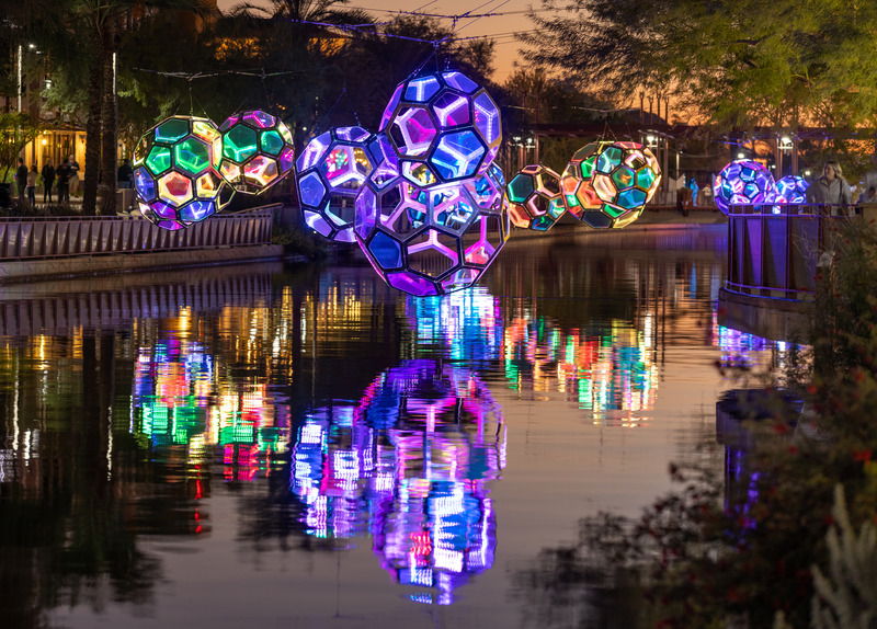 Press kit | 5595-10 - Press release | Molecules: A Series of Interactive Water Molecules Rising up from the Arizona Canal, Sparking a Connection Between Visitors and the Surrounding Environment Through Light and Sound - The Urban Conga - Multimedia Design - Molecules reacting to people controlling the lights at night with their voices.  - Photo credit: Andrew Pielage
