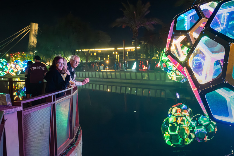 Press kit | 5595-10 - Press release | Molecules: A Series of Interactive Water Molecules Rising up from the Arizona Canal, Sparking a Connection Between Visitors and the Surrounding Environment Through Light and Sound - The Urban Conga - Multimedia Design - Photo credit: Charles Darr