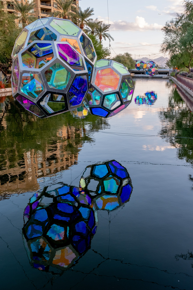 Press kit | 5595-10 - Press release | Molecules: A Series of Interactive Water Molecules Rising up from the Arizona Canal, Sparking a Connection Between Visitors and the Surrounding Environment Through Light and Sound - The Urban Conga - Multimedia Design - Photo credit: Charles Darr