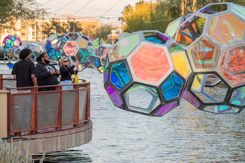 Press kit | 5595-10 - Press release | Molecules: A Series of Interactive Water Molecules Rising up from the Arizona Canal, Sparking a Connection Between Visitors and the Surrounding Environment Through Light and Sound - The Urban Conga - Multimedia Design - Photo credit: Charles Darr