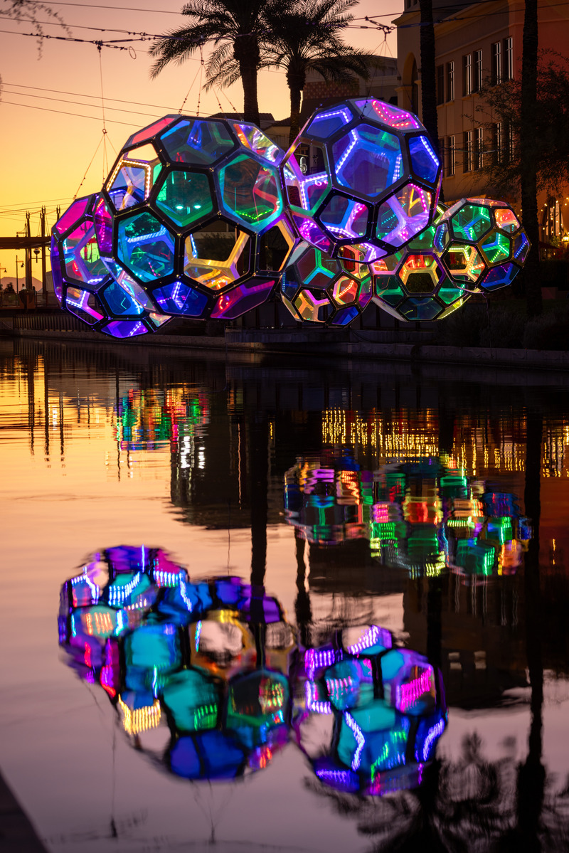 Press kit | 5595-10 - Press release | Molecules: A Series of Interactive Water Molecules Rising up from the Arizona Canal, Sparking a Connection Between Visitors and the Surrounding Environment Through Light and Sound - The Urban Conga - Multimedia Design - Photo credit: Andrew Pielage