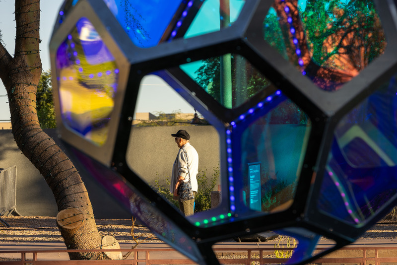Press kit | 5595-10 - Press release | Molecules: A Series of Interactive Water Molecules Rising up from the Arizona Canal, Sparking a Connection Between Visitors and the Surrounding Environment Through Light and Sound - The Urban Conga - Multimedia Design - Parts of the forms were open to frame out views of the surrounding area and create unique mirroring inside the work both at night and during the day.  - Photo credit: Andrew Pielage