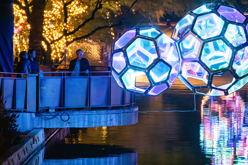 Press kit | 5595-10 - Press release | Molecules: A Series of Interactive Water Molecules Rising up from the Arizona Canal, Sparking a Connection Between Visitors and the Surrounding Environment Through Light and Sound - The Urban Conga - Multimedia Design - The molecules illuminating a single color until someone engages with the work using their voice.  - Photo credit: Charles Darr