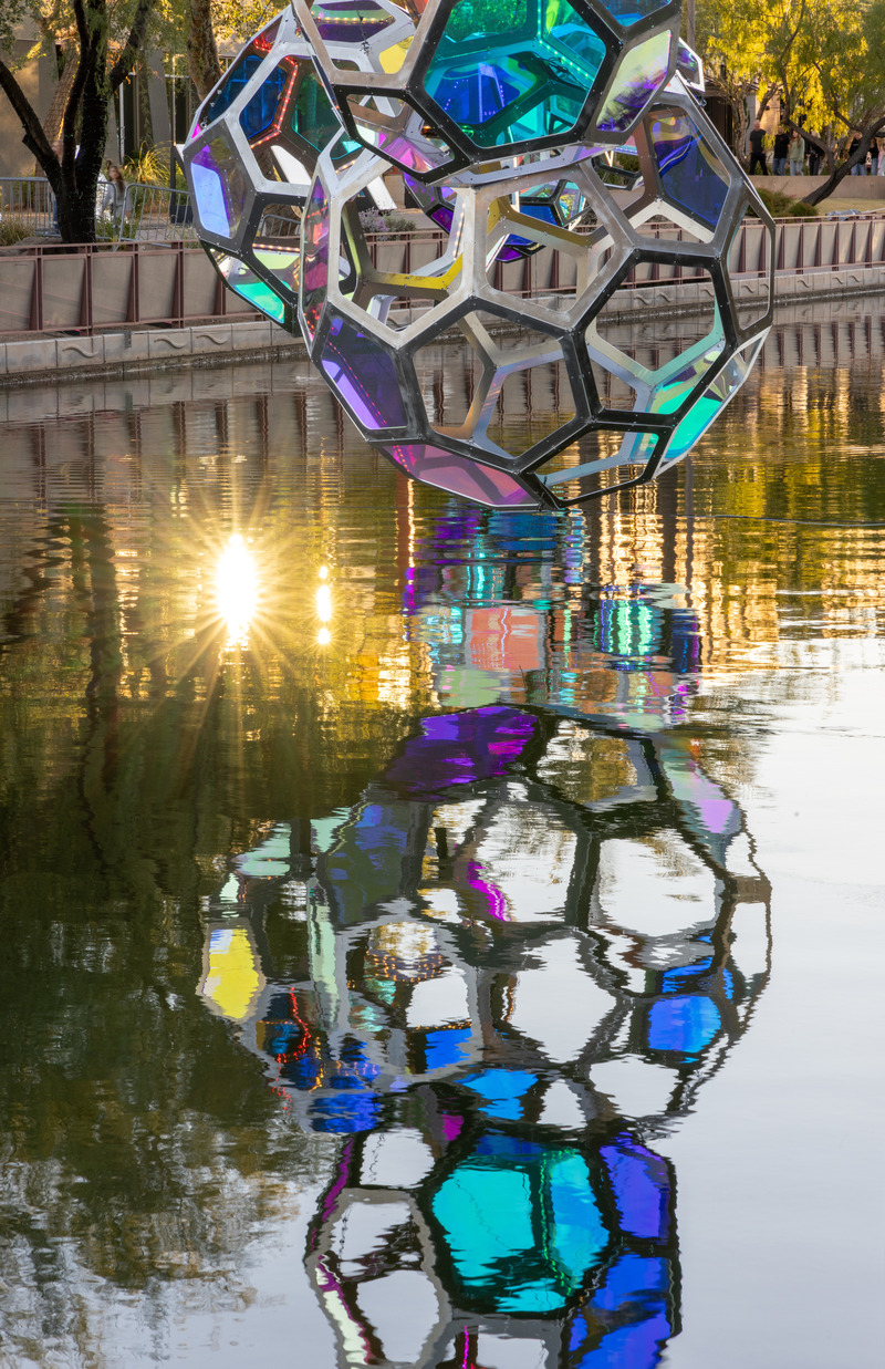 Press kit | 5595-10 - Press release | Molecules: A Series of Interactive Water Molecules Rising up from the Arizona Canal, Sparking a Connection Between Visitors and the Surrounding Environment Through Light and Sound - The Urban Conga - Multimedia Design - The installation was designed to appear as if they are rising up out of the water.  - Photo credit: Andrew Pielage