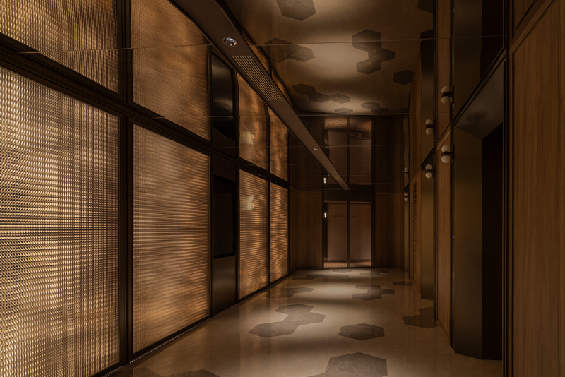 Dossier de presse | 3531-14 - Communiqué de presse | Crystal Orange Hotel, Shanghai Zhongshan Park - Vermilion Zhou Design Group - Design d’intérieur commercial - The public area elevator lobby anteroom. - Crédit photo : Jian Quan Wu