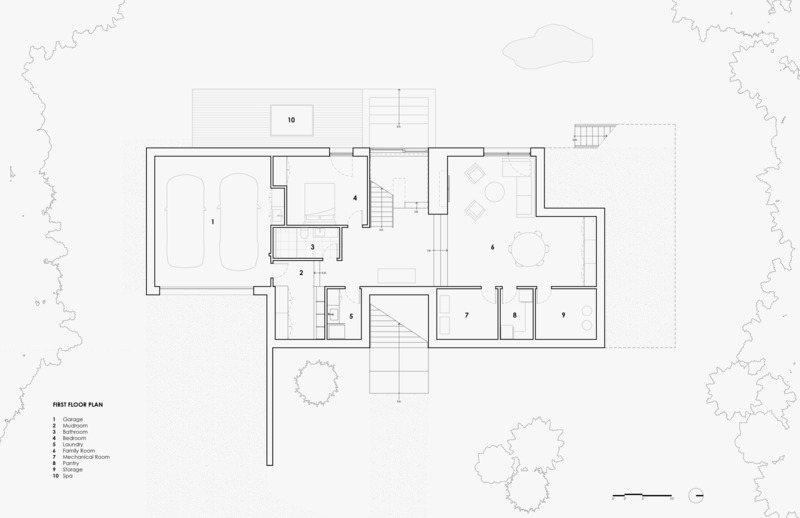 Dossier de presse | 7627-01 - Communiqué de presse | Entre lac et forêt - LOCUS architecture+design - Architecture résidentielle -  Plan du sous-sol  - Crédit photo : LOCUS architecture+design