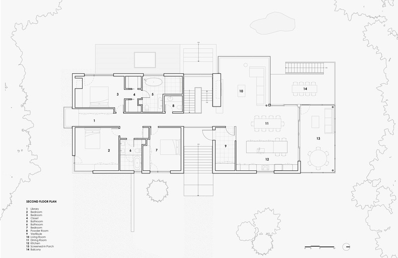 Dossier de presse | 7627-01 - Communiqué de presse | Entre lac et forêt - LOCUS architecture+design - Architecture résidentielle -  Plan du rez-de-chausée  - Crédit photo : LOCUS architecture+design