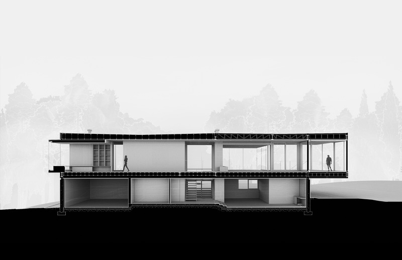 Dossier de presse | 7627-01 - Communiqué de presse | Entre lac et forêt - LOCUS architecture+design - Architecture résidentielle -  Coupe longitudinale - Crédit photo : LOCUS architecture+design