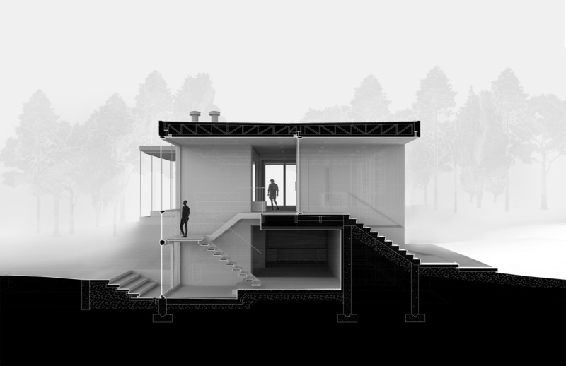 Dossier de presse | 7627-01 - Communiqué de presse | Entre lac et forêt - LOCUS architecture+design - Architecture résidentielle -  Coupe transversale - Crédit photo : LOCUS architecture+design