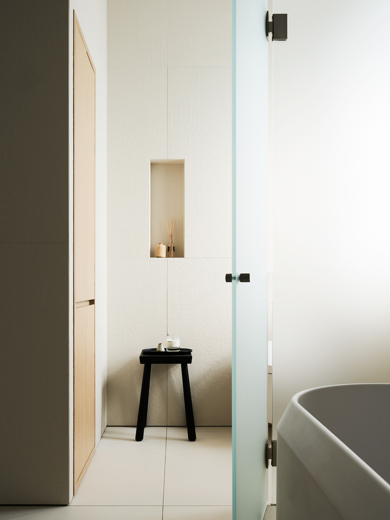 Dossier de presse | 2757-50 - Communiqué de presse | Min Design Elevates the Everyday with Elegant Architecture - Min Design - Architecture résidentielle -  <p>Tribeca Penthouse: The primary bathroom's frosted glass enclosures aid in bringing light into the intimate space. <br></p>  - Crédit photo :  Brooke Holm 