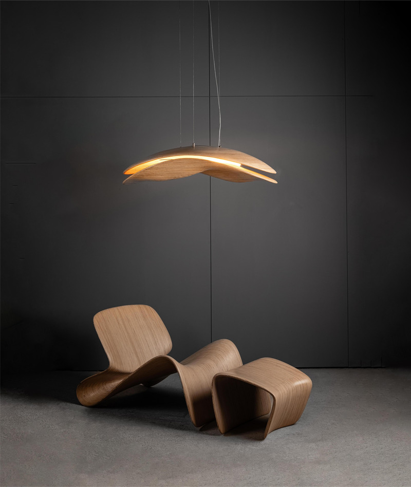 Press kit | 6986-03 - Press release | andblack design studio Debuts Internationally with LOOP Furniture Series - andblack design studio - Product -  LOOP masque chandelier with LOOP lounger  - Photo credit: Ravi Mistry
