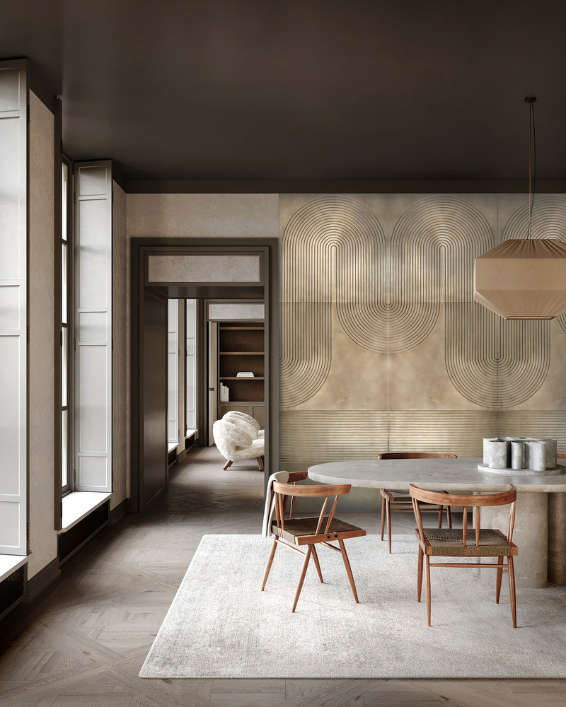Press kit | 4232-28 - Press release | Superfici Venice Collection by Materica - Materica - Product - <b>PATH</b><p>by <b>StorageMilano</b></p><p style=""><br style=""></p><p class="">In Path boiserie, two-dimensional graphic patterns weave across surfaces, creating a sophisticated dialogue between precision and movement. StorageMilano's latest creation unfolds in ever-changing, maze-like pathways that draw the eye into a mesmerizing journey. Each module, precision laser-cut with elegant curves and straight lines, can be freely combined with others to compose fluid, large-scale geometric patterns that defy traditional constraints.</p><p>Masterfully crafted by Materica, the metallic surface comes alive with its own inner vitality. While maintaining a minimalist essence, Path creates an unexpected magnetic appeal through its decorative versatility. Available in Pewter, Nickel Silver, Zinc, Brass, and Copper, each material can be finished in either polished or satin textures, offering a rich palette for creative expression.</p> - Photo credit: Courtesy of Materica