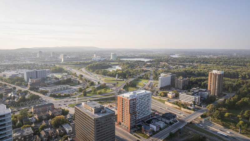 Press kit | 5174-06 - Press release | Éléonore: blanchette archi.design and MDTP atelier d’architecture Shape Gatineau’s Evolving Skyline - blanchette archi.design & MDTP atelier d'architecture - Residential Architecture - Éléonore is rooted in an evolving urbanism, interacting with both the new buildings of more than ten storeys and the old single-family buildings that make up the landscape unit. - Photo credit: welldone.archi