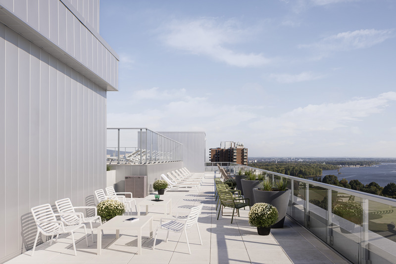 Press kit | 5174-06 - Press release | Éléonore: blanchette archi.design and MDTP atelier d’architecture Shape Gatineau’s Evolving Skyline - blanchette archi.design & MDTP atelier d'architecture - Residential Architecture - The pool, set on a landing, enjoys panoramic views of Parliament Hill, the Ottawa River and the Casino du Lac-Leamy. The lowered areas also feature a flexible layout. - Photo credit: welldone.archi