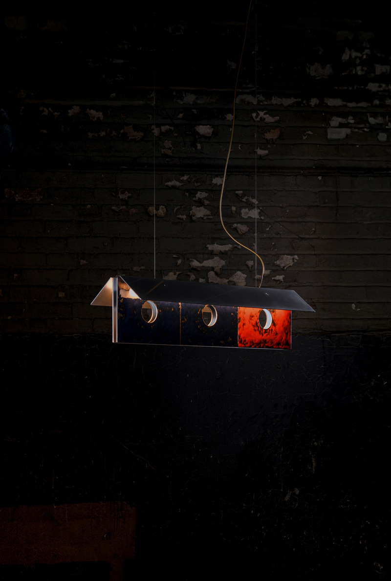 Press kit | 1619-11 - Press release | Lambert & Fils Dives into the Bold and Explosive Universe of South Korean Designer Kwangho Lee - Lambert & Fils - Lighting Design - Bolda 51, bluish black and flame orange enamel finishes. - Photo credit: Arseni Khamzin