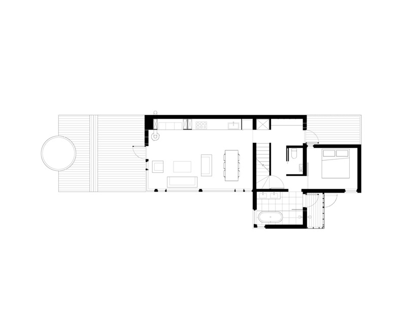 Dossier de presse | 1487-01 - Communiqué de presse | Ridge On The Chimney - MacKay-Lyons Sweetapple Architects - Architecture commerciale - Ground level floor plan - two bedroom cabin  - Crédit photo : MacKay-Lyons Sweetapple Architects