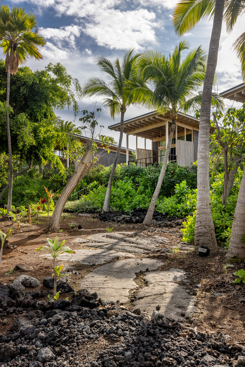 Dossier de presse | 2757-51 - Communiqué de presse | VITA Balances the Art of Contextual Design with the Stewardship of Place Shaping - VITA Planning & Landscape Architecture - Architecture de paysage -  Kona Village (Hale/House View): Throughout the grounds, 150 private nā hale sit lightly on a setting of hardened lava (foreground) and vibrant island flora.<br style="">  - Crédit photo : 360 Productions