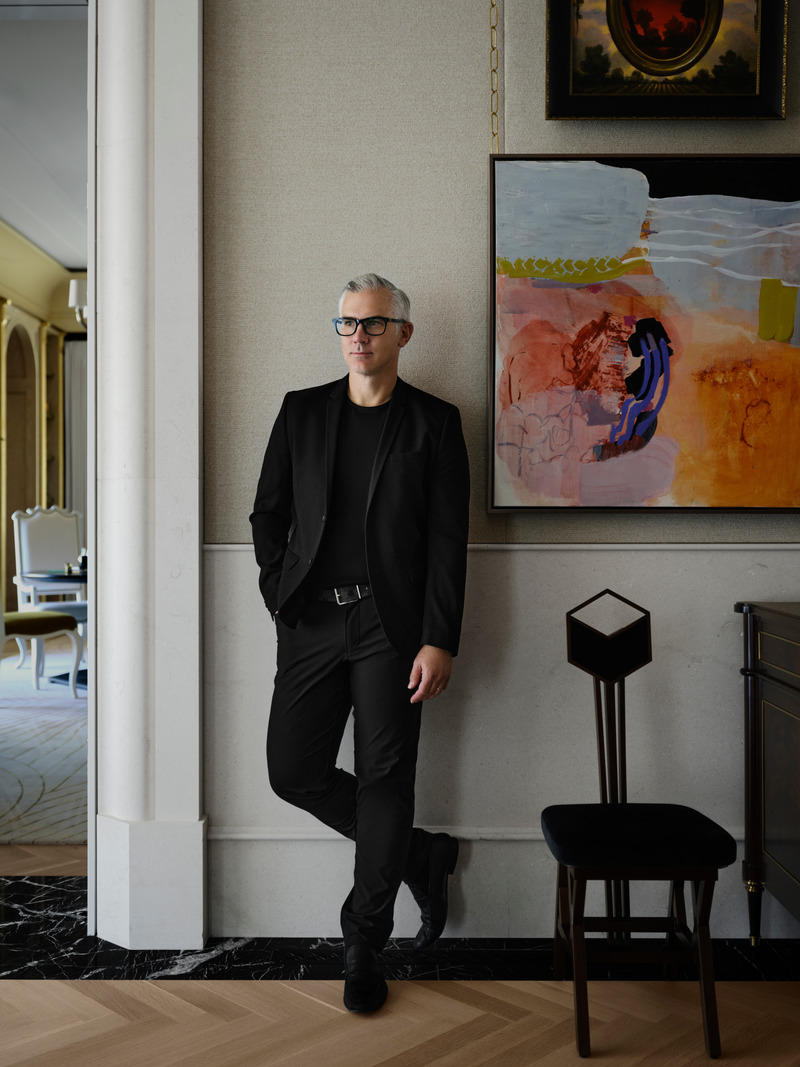 Press kit | 6087-06 - Press release | Tombolo: A Sculptural Symphony in the Nevada Desert - Daniel Joseph Chenin - Residential Interior Design - Daniel Joseph Chenin, FAIA, stands in the main entry gallery of Tombolo, a threshold where landscape gives way to interior and architecture converges with art.  - Photo credit: Douglas Freidman