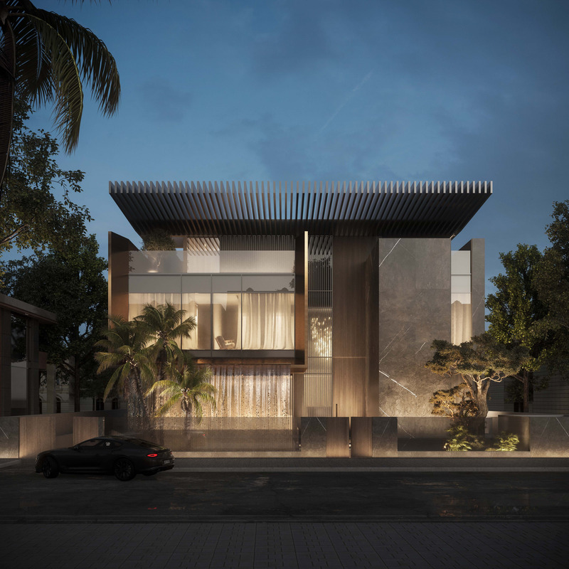 Dossier de presse | 7688-01 - Communiqué de presse | MEMAR Architecture Unveils Award-Winning Dubai Hills Villa - MEMAR Architecture - Architecture résidentielle - Exterior view of Dubai Hills Villa by MEMAR Architecture, featuring the landscaped entrance and façade design. - Crédit photo : MEMAR Architecture