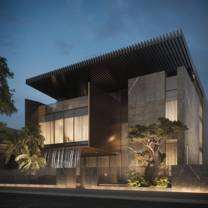 Dossier de presse | 7688-01 - Communiqué de presse | MEMAR Architecture Unveils Award-Winning Dubai Hills Villa - MEMAR Architecture - Architecture résidentielle - Detail view of the villa’s façade, featuring Armani Gray stone and wood finishes. - Crédit photo : MEMAR Architecture