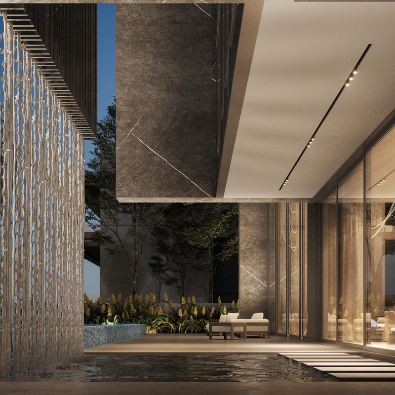 Dossier de presse | 7688-01 - Communiqué de presse | MEMAR Architecture Unveils Award-Winning Dubai Hills Villa - MEMAR Architecture - Architecture résidentielle - Night view of Dubai Hills Villa, showcasing architectural lighting and outdoor ambience. - Crédit photo : MEMAR Architecture 