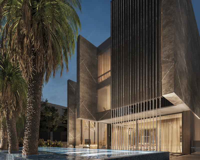 Dossier de presse | 7688-01 - Communiqué de presse | MEMAR Architecture Unveils Award-Winning Dubai Hills Villa - MEMAR Architecture - Architecture résidentielle - Back view of Dubai Hills Villa by MEMAR Architecture, highlighting outdoor living spaces and material palette. - Crédit photo : MEMAR Architecture