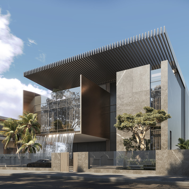 Dossier de presse | 7688-01 - Communiqué de presse | MEMAR Architecture Unveils Award-Winning Dubai Hills Villa - MEMAR Architecture - Architecture résidentielle - Exterior view of Dubai Hills Villa by MEMAR Architecture, featuring the landscaped entrance and façade design. - Crédit photo : MEMAR Architecture