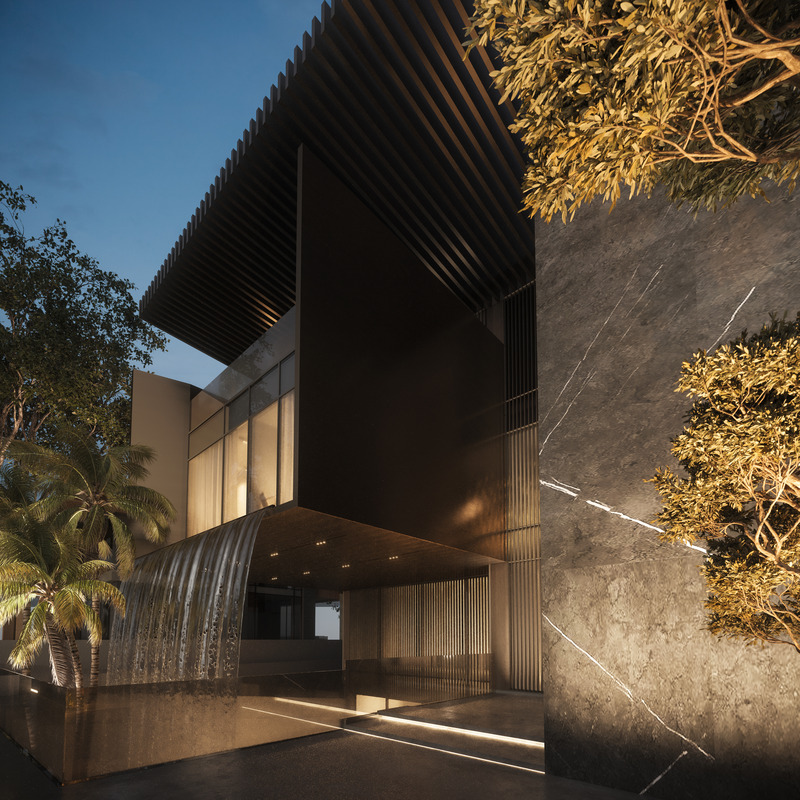 Dossier de presse | 7688-01 - Communiqué de presse | MEMAR Architecture Unveils Award-Winning Dubai Hills Villa - MEMAR Architecture - Architecture résidentielle - Detail view of the villa’s façade, featuring Armani Gray stone and wood finishes. - Crédit photo : MEMAR Architecture