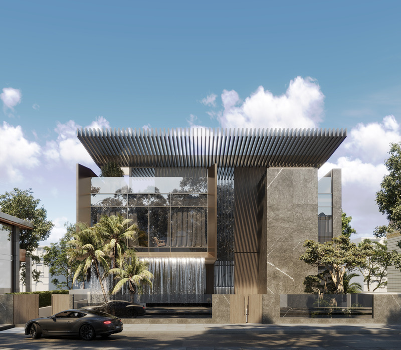 Dossier de presse | 7688-01 - Communiqué de presse | MEMAR Architecture Unveils Award-Winning Dubai Hills Villa - MEMAR Architecture - Architecture résidentielle - Exterior view of Dubai Hills Villa by MEMAR Architecture, featuring the landscaped entrance and façade design. - Crédit photo : MEMAR Architecture