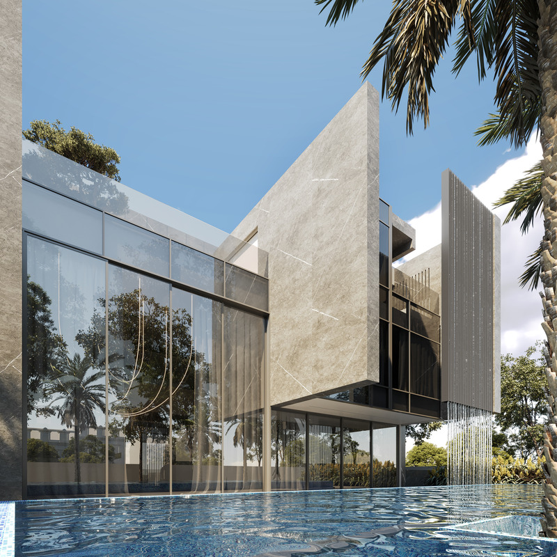 Dossier de presse | 7688-01 - Communiqué de presse | MEMAR Architecture Unveils Award-Winning Dubai Hills Villa - MEMAR Architecture - Architecture résidentielle - Detail view of the villa’s façade, featuring Armani Gray stone and wood finishes. - Crédit photo : MEMAR Architecture