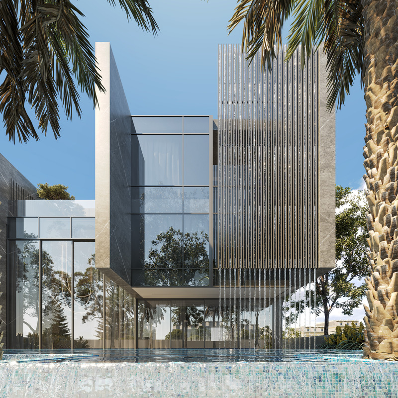 Dossier de presse | 7688-01 - Communiqué de presse | MEMAR Architecture Unveils Award-Winning Dubai Hills Villa - MEMAR Architecture - Architecture résidentielle - Back view of Dubai Hills Villa by MEMAR Architecture, highlighting outdoor living spaces and material palette. - Crédit photo : MEMAR Architecture
