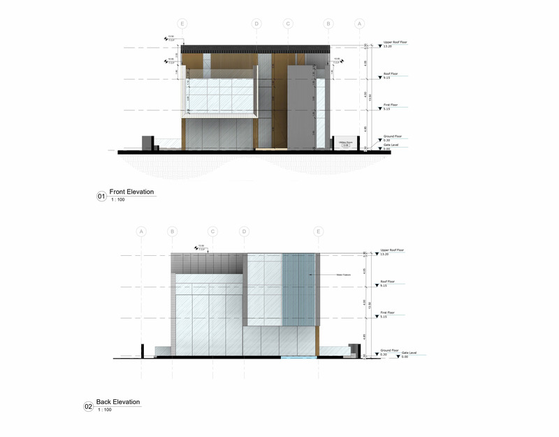 Dossier de presse | 7688-01 - Communiqué de presse | MEMAR Architecture Unveils Award-Winning Dubai Hills Villa - MEMAR Architecture - Architecture résidentielle - <p>Front elevation of Dubai Hills Villa by MEMAR Architecture, showcasing façade materials and architectural rhythm.</p><p>Back elevation of Dubai Hills Villa by MEMAR Architecture, emphasizing connection to the outdoor living spaces. </p> - Crédit photo : MEMAR Architecture