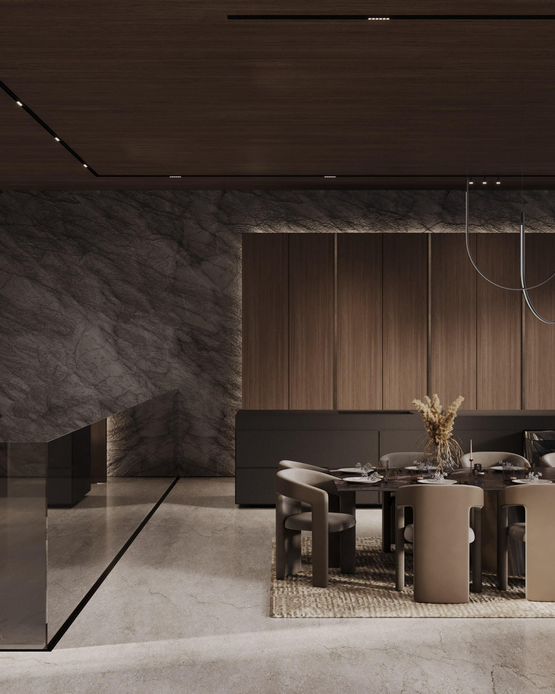 Dossier de presse | 7688-01 - Communiqué de presse | MEMAR Architecture Unveils Award-Winning Dubai Hills Villa - MEMAR Architecture - Architecture résidentielle - Interior view of the open-plan living and dining spaces, emphasizing light, flow, and material richness. - Crédit photo : MEMAR Architectrue