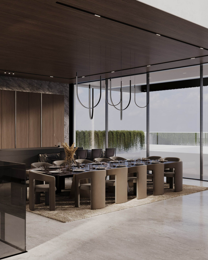 Dossier de presse | 7688-01 - Communiqué de presse | MEMAR Architecture Unveils Award-Winning Dubai Hills Villa - MEMAR Architecture - Architecture résidentielle - Interior view of the open-plan living and dining spaces, emphasizing light, flow, and material richness. - Crédit photo : MEMAR Architecture