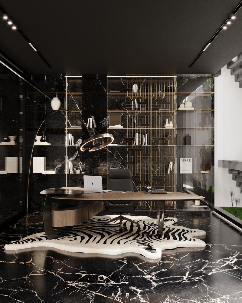 Dossier de presse | 7688-01 - Communiqué de presse | MEMAR Architecture Unveils Award-Winning Dubai Hills Villa - MEMAR Architecture - Architecture résidentielle - Interior view of the private home office at Dubai Hills Villa by MEMAR Architecture, blending functionality with refined design. - Crédit photo : MEMAR Architecture