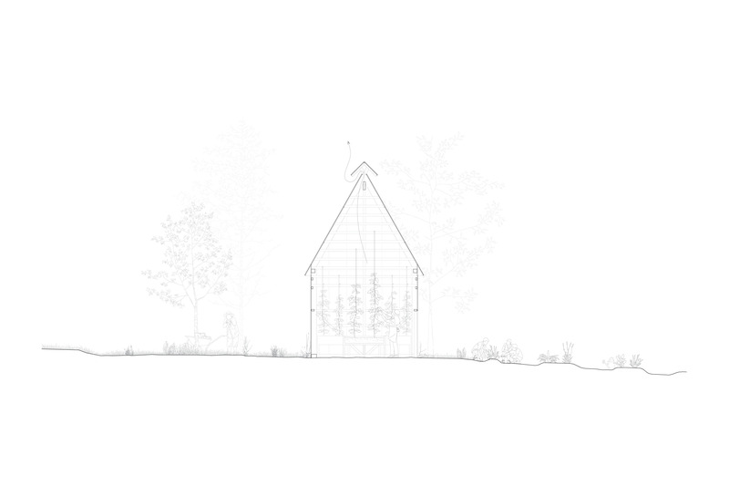 Dossier de presse | 1640-02 - Communiqué de presse | L’intelligence collective au cœur de l’adaptation à la Biennale d’architecture de Venise : L’Atelier Pierre Thibault et des résidents de l’Île Verte réinventent les boucaneries - Atelier Pierre Thibault - Évènement + Exposition - Coupe. La typologie pourrait être adaptée en serre pour favoriser l’autosuffisance alimentaire et l’agriculture tout au long de l’année, en remplaçant le parement en bardeaux de cèdre par du polycarbonate et en exploitant l’ouverture faitière de manière à contrôler l’humidité intérieure.  - Crédit photo : Atelier Pierre Thibault
