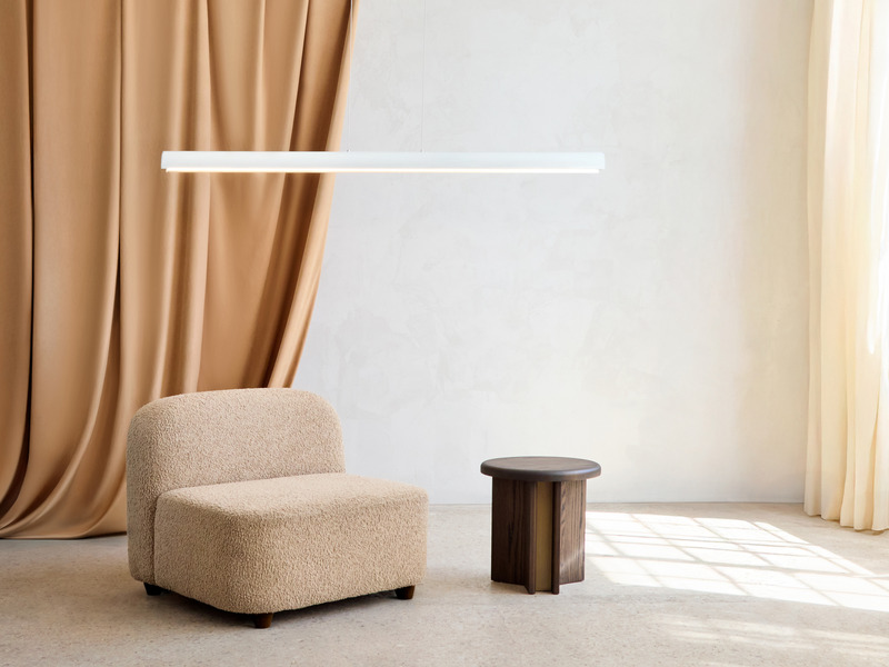 Press kit | 2351-05 - Press release | Anony to Release New ‘Pola’ Collection at WantedDesign 2025 - Anony - Lighting Design - Pola Linear Suspension 6ft, Matte White with Side Table by Mary Ratcliffe  - Photo credit: Ryan McCoy