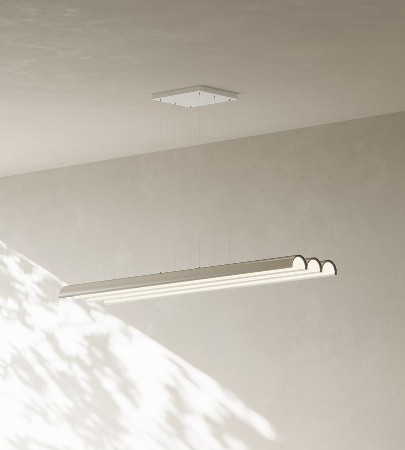 Press kit | 2351-05 - Press release | Anony to Release New ‘Pola’ Collection at WantedDesign 2025 - Anony - Lighting Design -  Pola Chandelier 6ft, Brushed Aluminum  - Photo credit: Anony