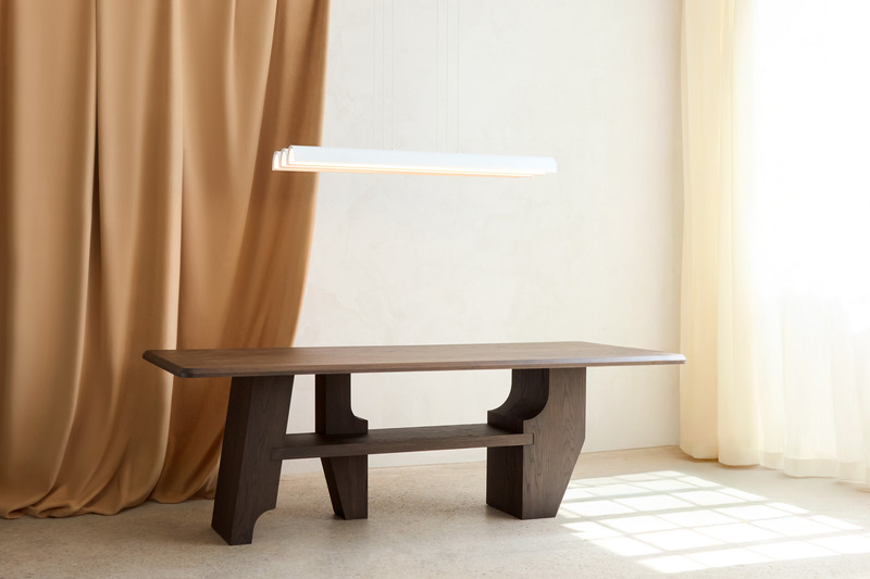 Press kit | 2351-05 - Press release | Anony to Release New ‘Pola’ Collection at WantedDesign 2025 - Anony - Lighting Design - Pola Chandelier 4ft, Matte White with Table by Mary Ratcliffe  - Photo credit: Ryan McCoy
