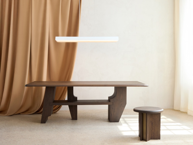 Press kit | 2351-05 - Press release | Anony to Release New ‘Pola’ Collection at WantedDesign 2025 - Anony - Lighting Design - Pola Chandelier 4ft, Matte White with Table by Mary Ratcliffe  - Photo credit: Ryan McCoy