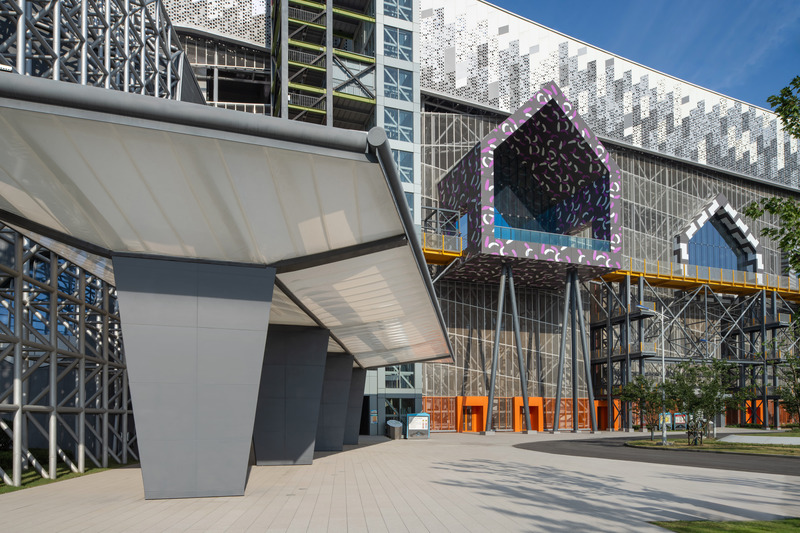 Press kit | 5086-03 - Press release | Baoshan Waste-to-Energy Center Transforms Shanghai's Industrial Legacy into Green Landmark - Ballistic Architecture Machine (BAM) - Industrial Architecture -  Entrance plaza at the Museum of Waste, featuring “mini-city” volumes integrated into the industrial façade.  - Photo credit: Derryck Menere