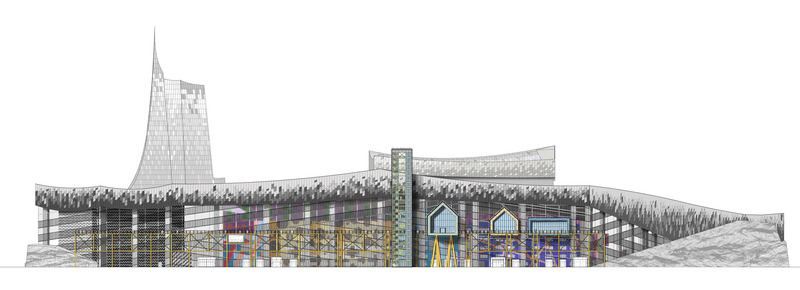 Press kit | 5086-03 - Press release | Baoshan Waste-to-Energy Center Transforms Shanghai's Industrial Legacy into Green Landmark - Ballistic Architecture Machine (BAM) - Industrial Architecture -  Elevation Drawing illustrating Museum of Waste programs protrucing through facade veil over industrial components.  - Photo credit: BAM