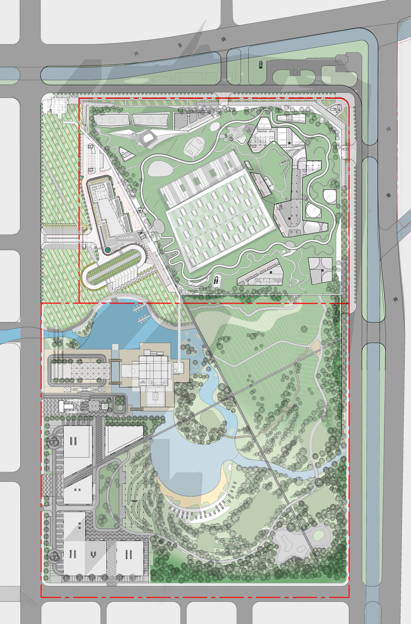 Press kit | 5086-03 - Press release | Baoshan Waste-to-Energy Center Transforms Shanghai's Industrial Legacy into Green Landmark - Ballistic Architecture Machine (BAM) - Industrial Architecture - Master plan roof view illustrating the extent of parkland coverage across the site and the unprecedented green roof over the sanitation-center facilities. - Photo credit: BAM