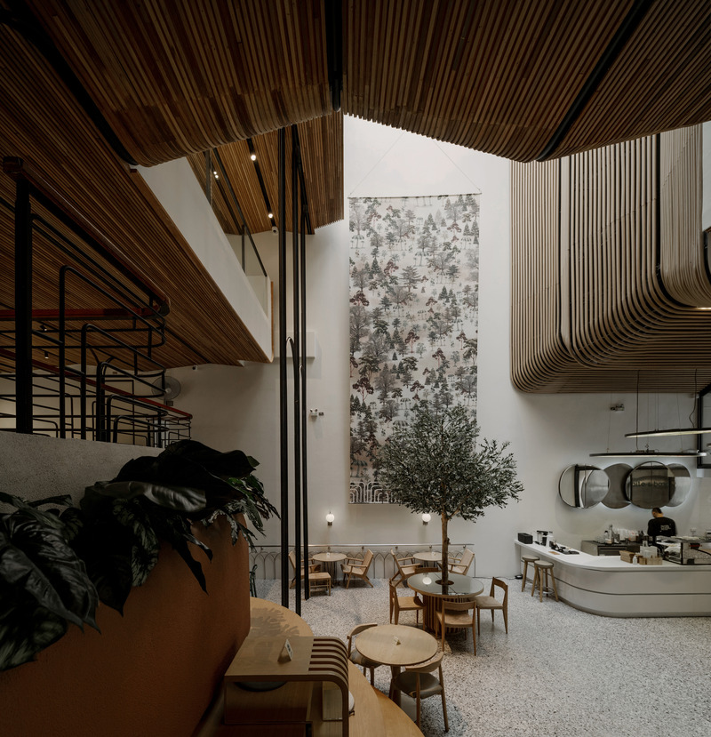 Press kit | 7671-01 - Press release | Double B Hostel — Local Craft, Global Design — Bangkok's New Hostel Icon - VMA Design Studio - Commercial Architecture - Courtyard Cafe Seatings - Photo credit: Peerapat Wimolrungkarat